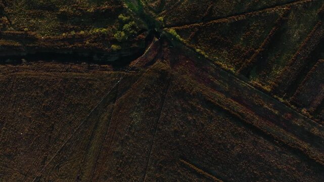 Eshbrack, County Monaghan, Ireland, September 2022. Drone in Bird's Eye view tracks north over Lough Antrawer and wild marshy wetlands on a warm Autumn evening.