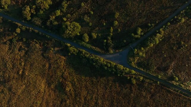 Eshnaglogh, County Monaghan, Ireland, September 2022. Drone in Bird's Eye view tracks north east away from Lough Antrawer over wild bog wetlands during Golden Hour.