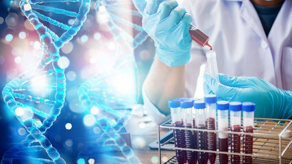 lab technician assistant analyzing a blood sample in test tube to research DNA at laboratory with microscope. Medical, pharmaceutical and scientific research and development concept.	