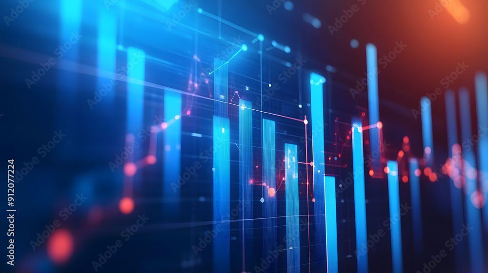 Poster abstract blue and red financial graph with glowing lines..