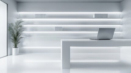 Modern office with sleek white shelves and empty desk featuring a laptop, evoking a sense of accomplishment and success