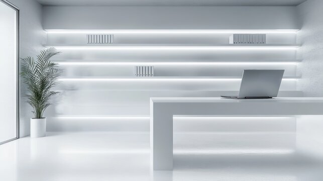 Modern office with sleek white shelves and empty desk featuring a laptop, evoking a sense of accomplishment and success