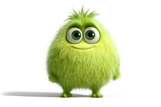 The cute and fuzzy green monster with big eyes and a happy smile is a playful and colorful cartoon