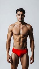 Fototapeta premium man in red swimsuit on white plain background pictorial model shoot portrait