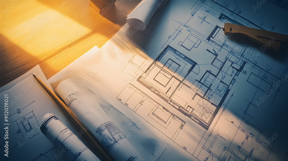 Poster blueprints and architectural tools bathed in warm sunlight..