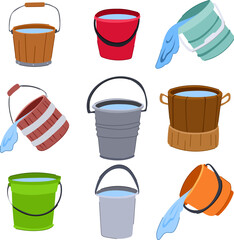 bucket water set cartoon. plastic container, blue metal, clean full bucket water sign. isolated symbol vector illustration