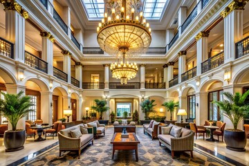 Naklejka premium Grand Lobby Grandeur: A breathtaking view of a luxurious hotel lobby, bathed in warm light and adorned with opulent chandeliers and lush greenery.