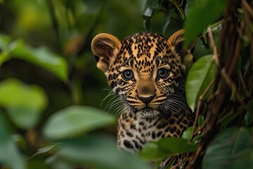 Naklejka premium Close-up leopard cub portrait in jungle with vines