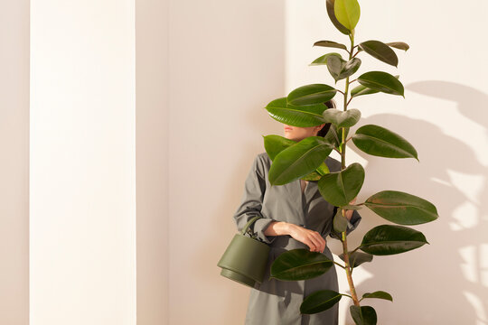 Fashionable Woman Partially Hidden Behind Indoor Plant