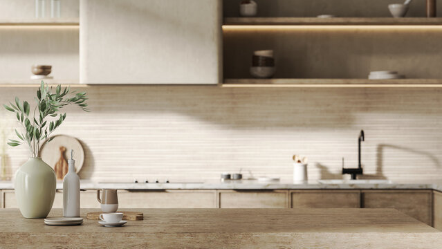 Kitchen island countertop with coffee set, modern kitchen background