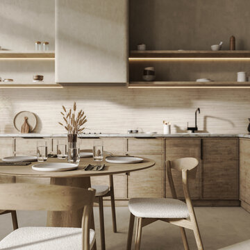 Served dining table with modern home kitchen interior on a background