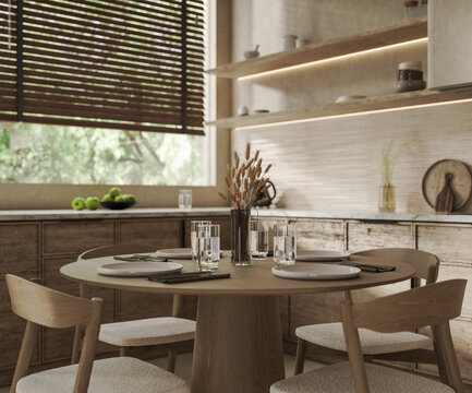 Kitchen and dining room interior, 3d rendering