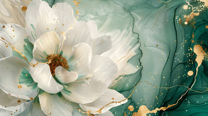 flower marble texture with abstract green, white, glitter and gold background alcohol ink color.