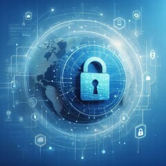 Abstract cyber security concept with a padlock icon, network data and dynamic lines on a light blue background

