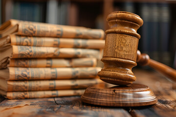 A wooden gavel rests on a stack of books atop a polished wooden table, symbolizing law and justice
