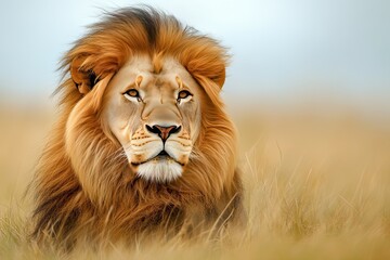 Obraz premium Close-up lion portrait in savannah with grass