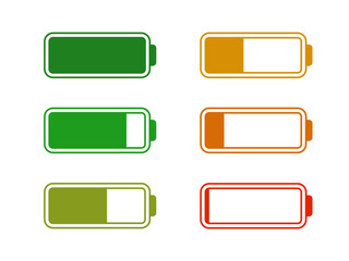 Level battery energy icon set. Powerfully full and power low up status batteries. Energy reusing concept. Alkaline tags. Battery charging point, charge indicator. Mobile plug. Vector illustration.