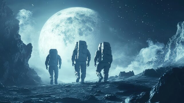 Three Astronauts Walking on a Moon-Like Planet