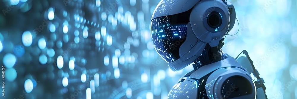 Aufkleber futuristic robot with glowing blue eyes and digital display in a cyberspace setting