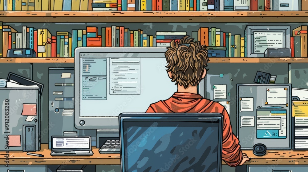 Poster cartoon vector person installing software on a desktop computer