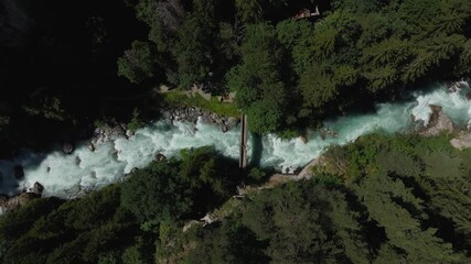 The dora baltea river flowing through dense forests in pre saint didier, italian alps, aerial view