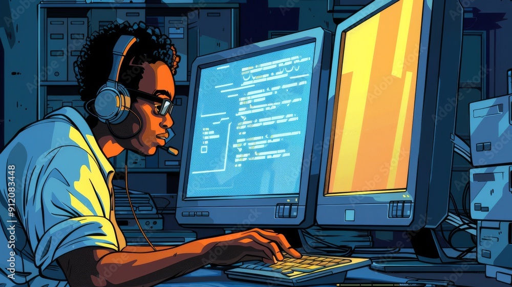 Poster cartoon vector person installing software on a desktop computer