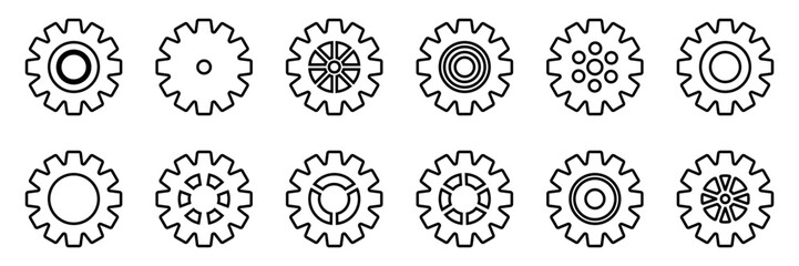 Gears icon set. Setting gears icon. Collection of mechanical outline cogwheels. Simple Gear wheel collection. Gear icons silhouette. Vector illustration with cogwheels sign set on white background.