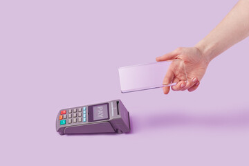 Male hand holding transparent smartphone near online terminal