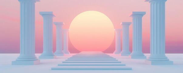A serene minimalist digital scene depicting the rear view of a famous historical event at sunrise