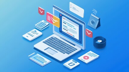 Laptop with Documents and Checkmarks Surrounded by Blue Background