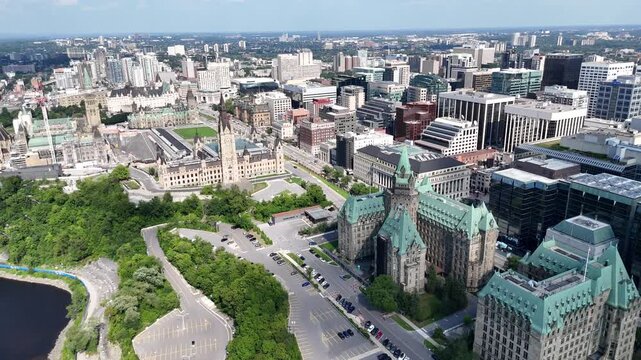 Drone view of Canadian Parliament, Parliament Hill, House of Commons, and East Block in downtown of Ottawa and river in a sunny day, Canada
