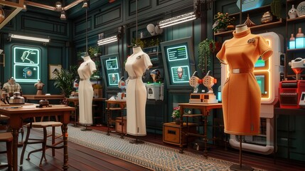 Wide-angle view of a charming cafe filled with fantasy artisans