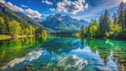Fototapeta premium Beautiful lake with crystal clear water reflecting the surrounding mountains and lush greenery, scenic, tranquil, nature