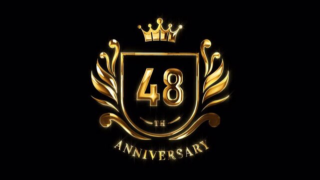 48th Anniversary Celebration. Happy 48 Years Anniversary Animation in Gold Color on the Transparent Background, Alpha Channel. Great for greetings, celebrations, events, and gifts.