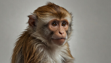 The image shows a close-up of a monkey's face. It has large brown eyes and a light brown coat.
