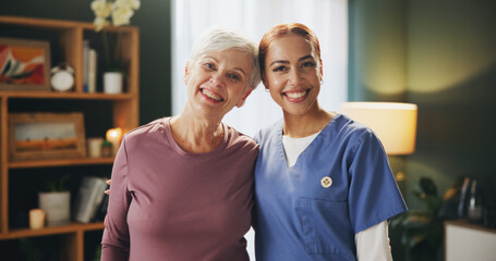 Senior woman, nurse and portrait at physiotherapy consultation with smile and happy from rehabilitation. Retirement, home care and kindness of physio with patient at medical clinic for wellness