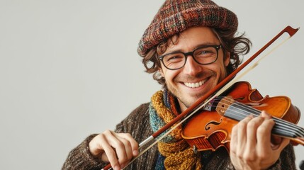 Happy musician playing violin isolated on white background