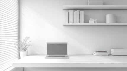 Modern office with sleek white shelves and empty desk featuring a laptop, evoking a sense of accomplishment and success