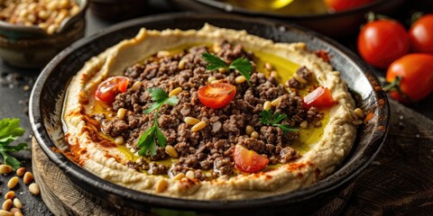 Hummus topped with seasoned ground beef drizzled with olive oil garnished with tomatoes and sprinkled with toasted pine nuts