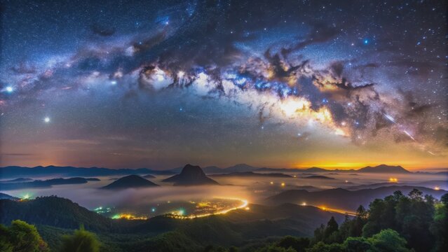 Starry sky over Milky Way with hills at Doi Tapang Viewpoint in Chumphon province, Thailand, starry sky