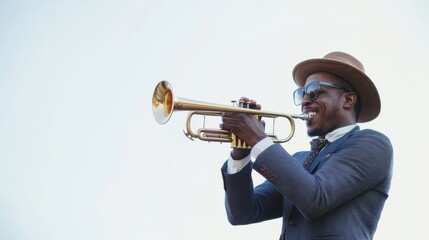 Happy trumpet musician isolated on white background.