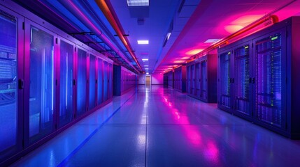 Server Room Interior With Neon Lights