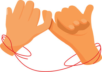 Two hands making a pinky promise, connected with a red thread symbolizing an unbreakable bond