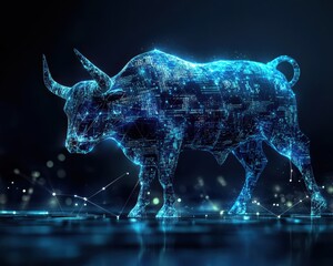 Abstract bull made of financial data, symbolizing bullish psychology, a futuristic investment concept