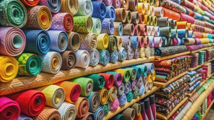 Fototapeta premium Colorful rolls of fabric in a textile shop , textile, rolls, colorful, fabric, material, stacked, texture, design, pattern