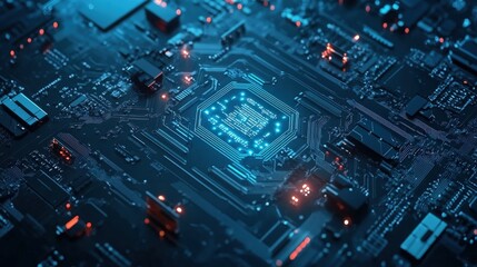 Fototapeta premium Glowing blue microchip on a dark circuit board representing advanced computing power and artificial intelligence.