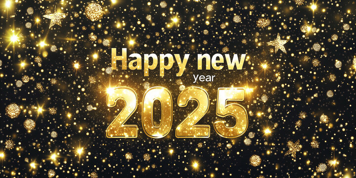 Text mit Glitter und Deko Happy New Year 2025 Frohes neus Jahr 2025 für Karte Einladung Werbebanner