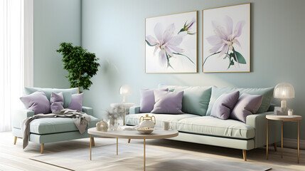 Minimalistic wall decor in pastel shades pale mint and purple color tone background in living area