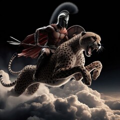 Obraz premium spartan riding cheetah on cloud 3d design