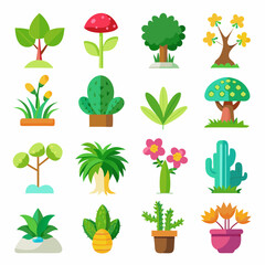 Create a gradient icon set of 16 types of plants tree art vector illustration